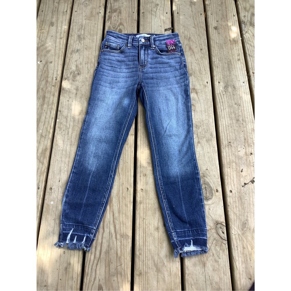 KanCan High Rise Frayed Release Hem Skinny Jeans Size 1 Waist 24 Blue Stretch